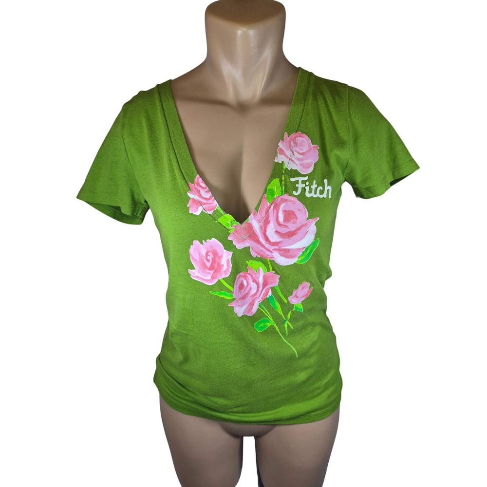 Vintage Y2K Abercrombie & Fitch Graphic Tee Women Floral V-Neck Preppy Mcbling M